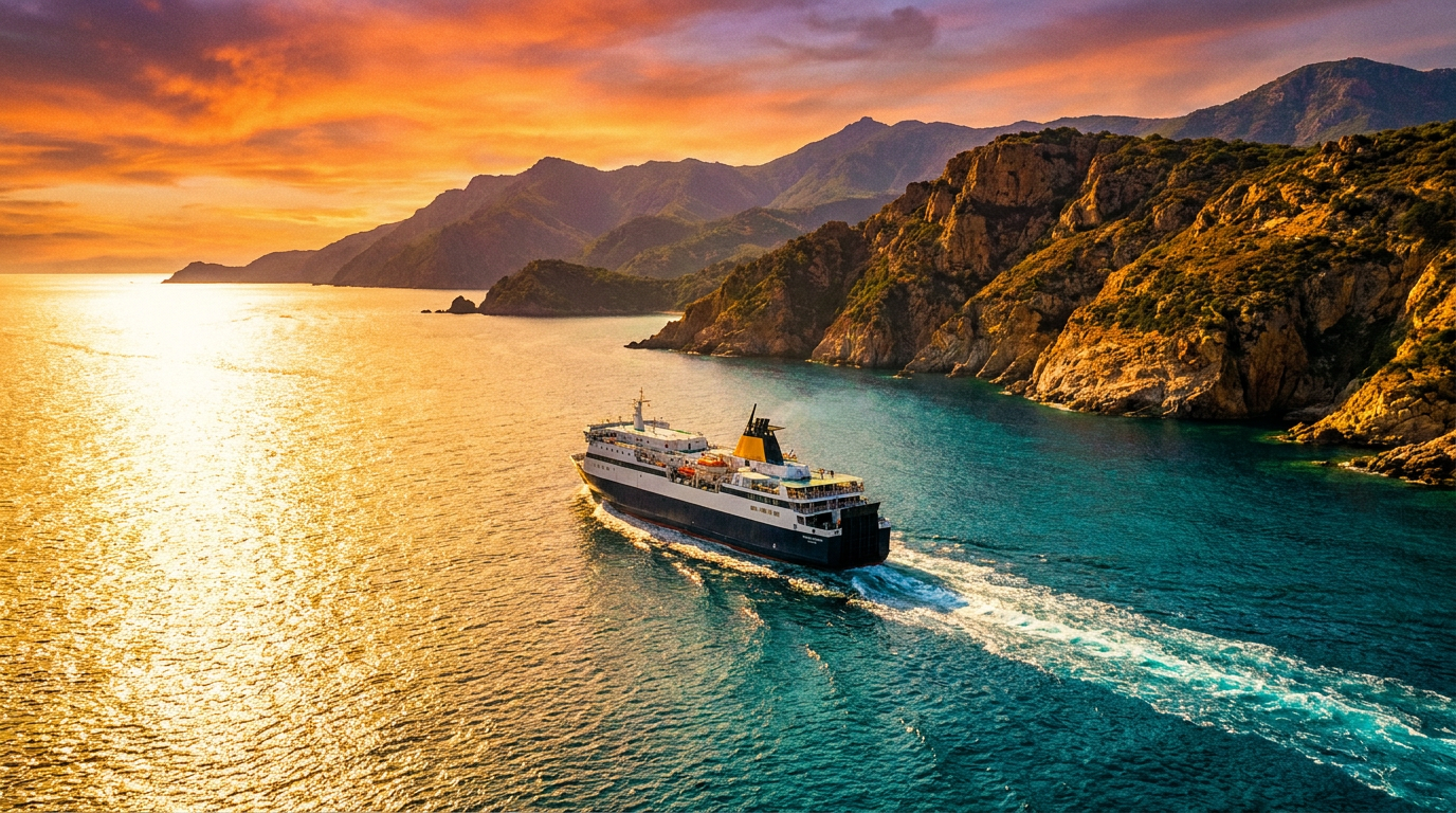 Ferry traversant la Méditerranée scintillante à l'heure dorée vers une côte insulaire escarpée