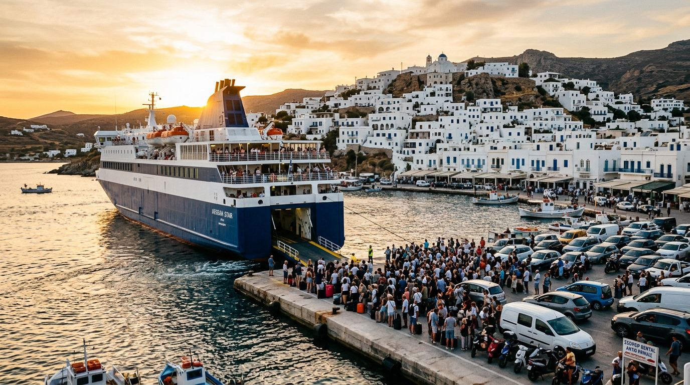 Ferry arrivant dans un port grec animé à l'heure dorée, passagers et voitures sur le quai