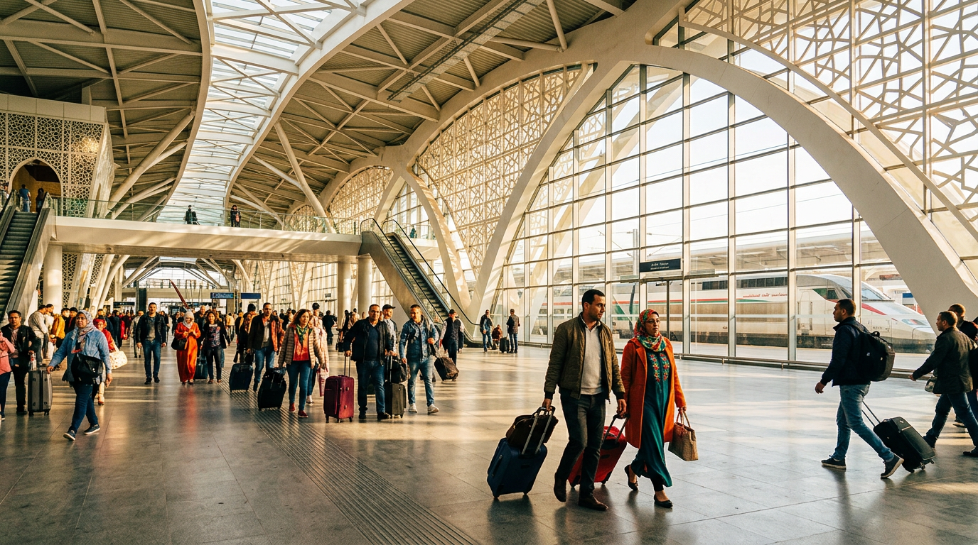 Intérieur lumineux d'une gare moderne au Maroc, architecture élégante, voyageurs avec bagages