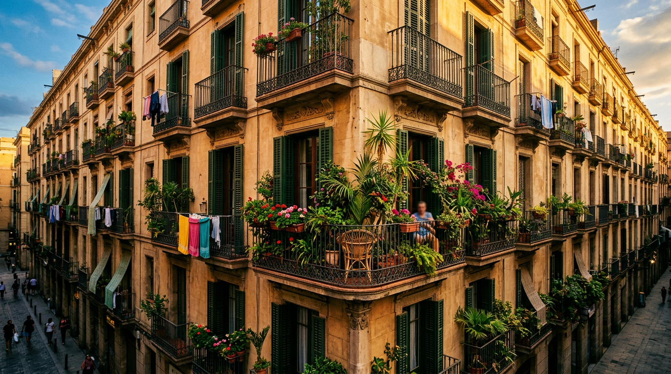 Façade d'immeuble typique de Barcelone avec balcons, plantes et volets sous la lumière chaude de l'après-midi