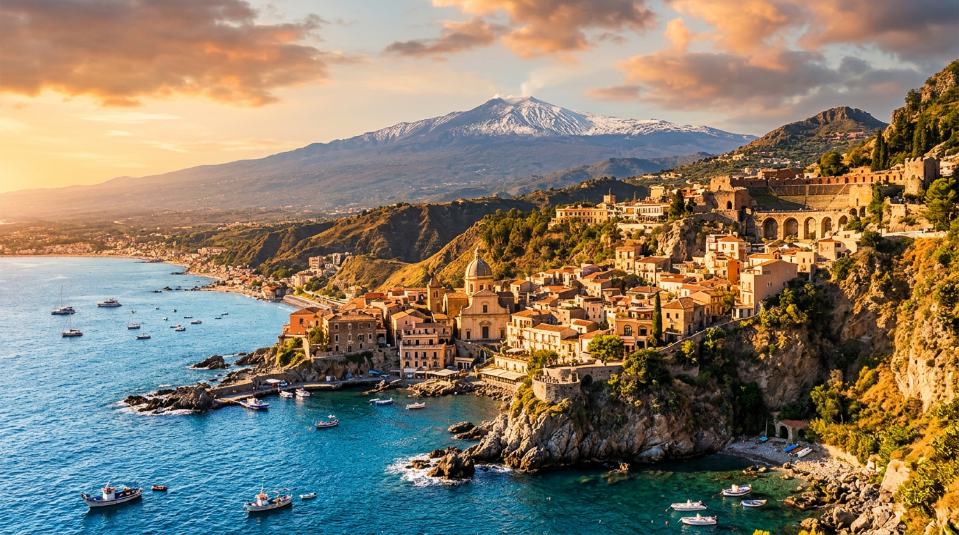 Village côtier sicilien avec la silhouette enneigée de l'Etna en arrière-plan et la mer bleue au premier plan