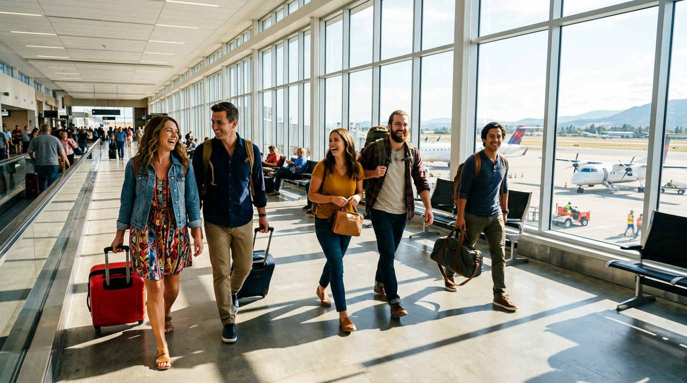 Voyageurs souriants avec bagages dans le terminal lumineux d'un petit aéroport régional, avions visibles à l'extérieur