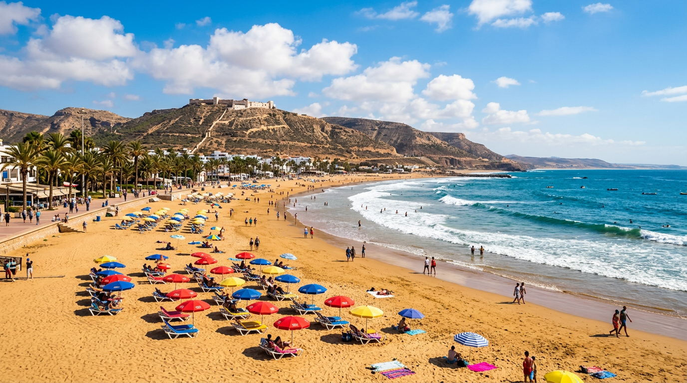 Large plage de sable doré à Agadir au Maroc, palmiers, océan Atlantique et collines en arrière-plan