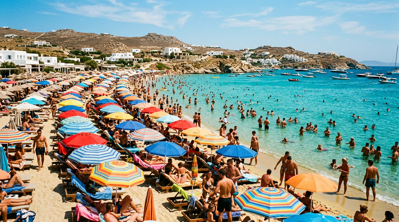 Plage ensoleillée bondée sur une île grecque, parasols colorés et eau turquoise, forte affluence estivale