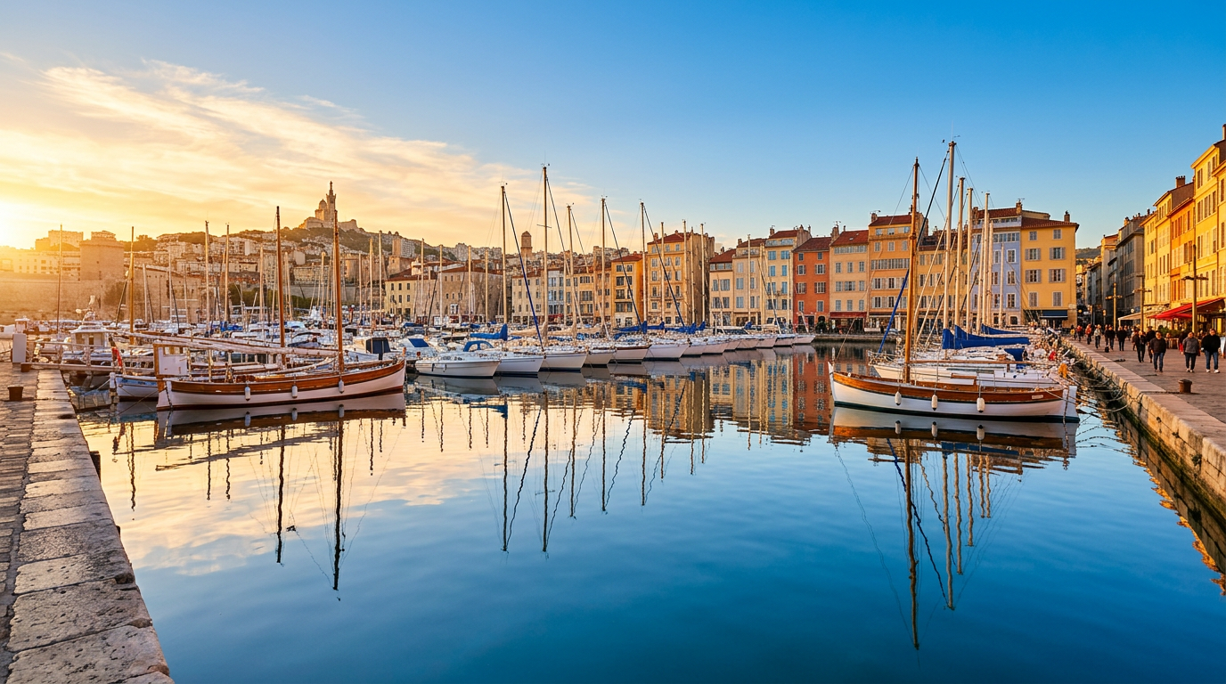 Vieux-Port de Marseille à l'heure dorée, voiliers et bâtiments colorés reflétés dans l'eau calme