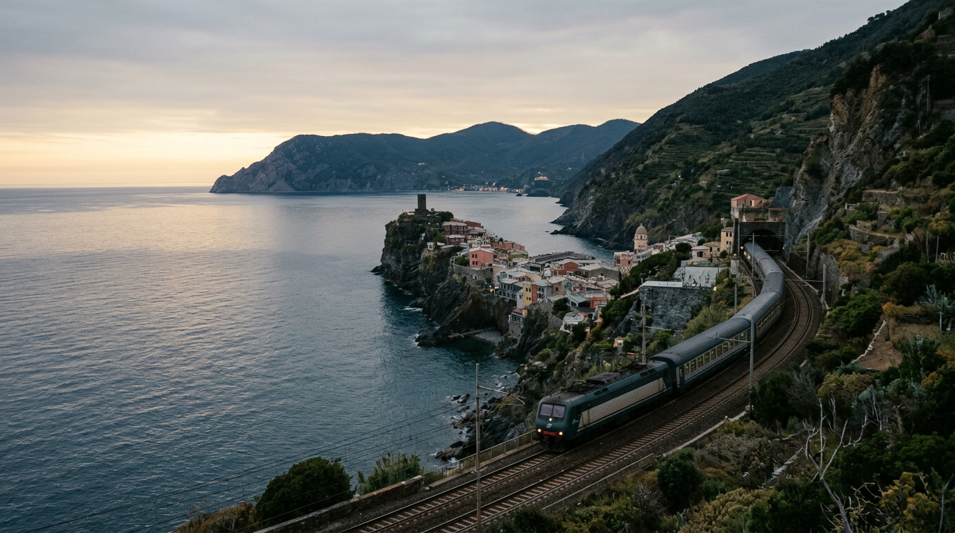 Train de nuit longeant une côte méditerranéenne escarpée au lever du soleil, première lumière dorée sur la mer