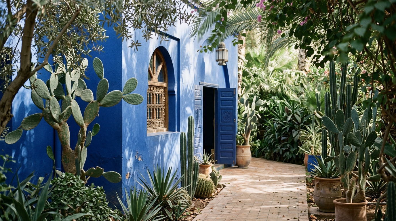 Murs bleus et cactus des jardins Majorelle à Marrakech