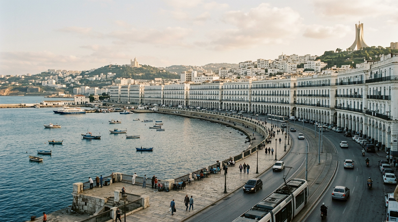 Front de mer blanc d'Alger et son boulevard à arcades épousant la baie méditerranéenne