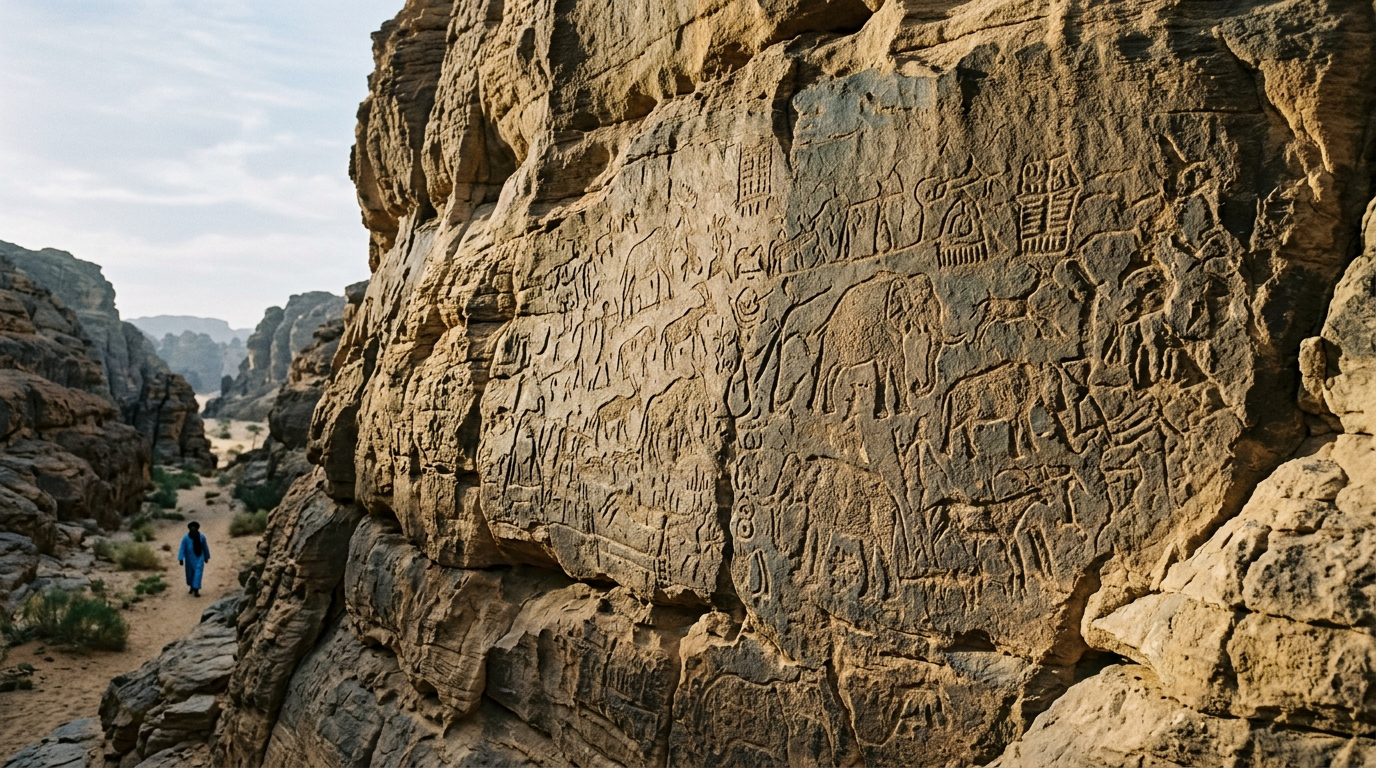 Gravures rupestres préhistoriques sur une paroi de grès du Tassili n'Ajjer, lumière rasante révélant les motifs