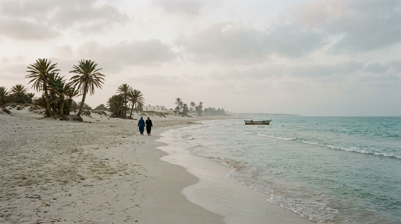Longue plage de sable tranquille sur l'île de Djerba en Tunisie, palmiers