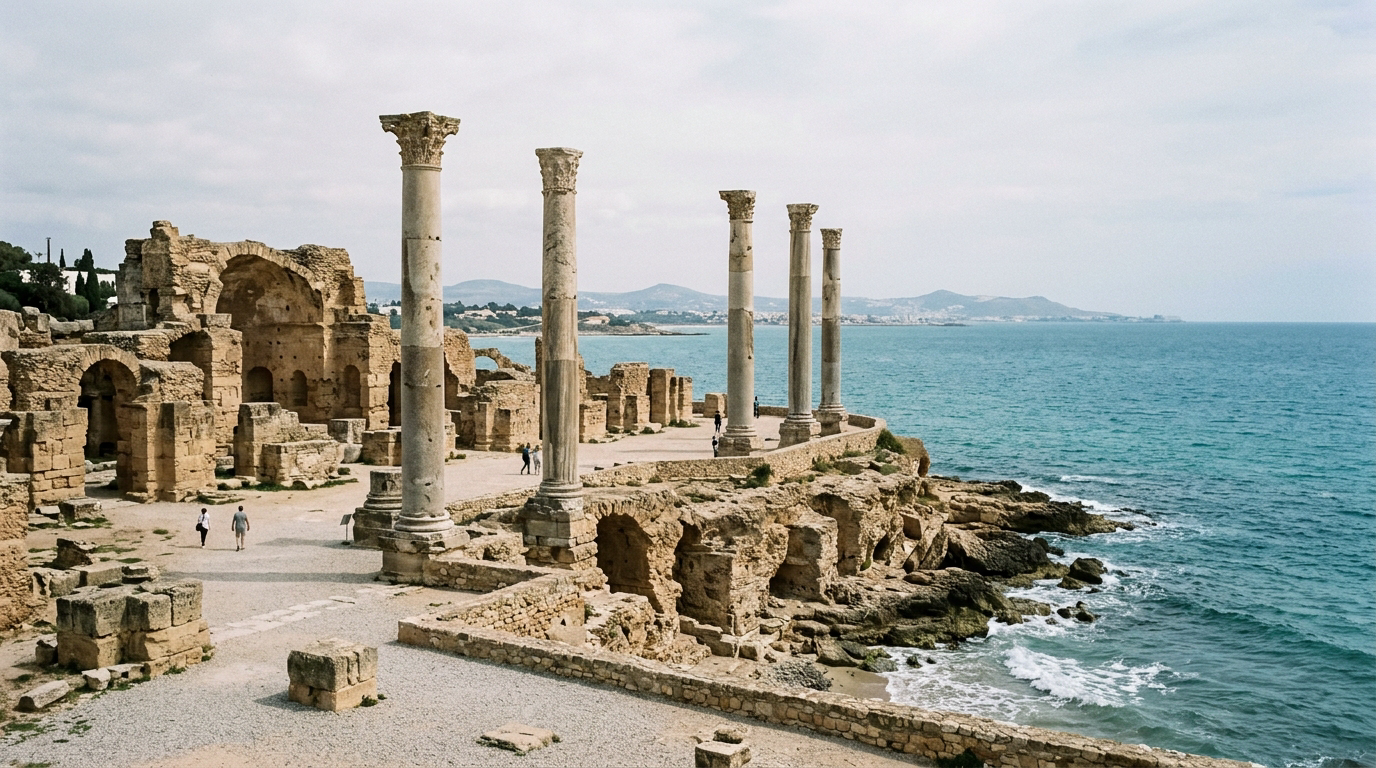 Colonnes antiques des thermes d'Antonin à Carthage au bord de la mer