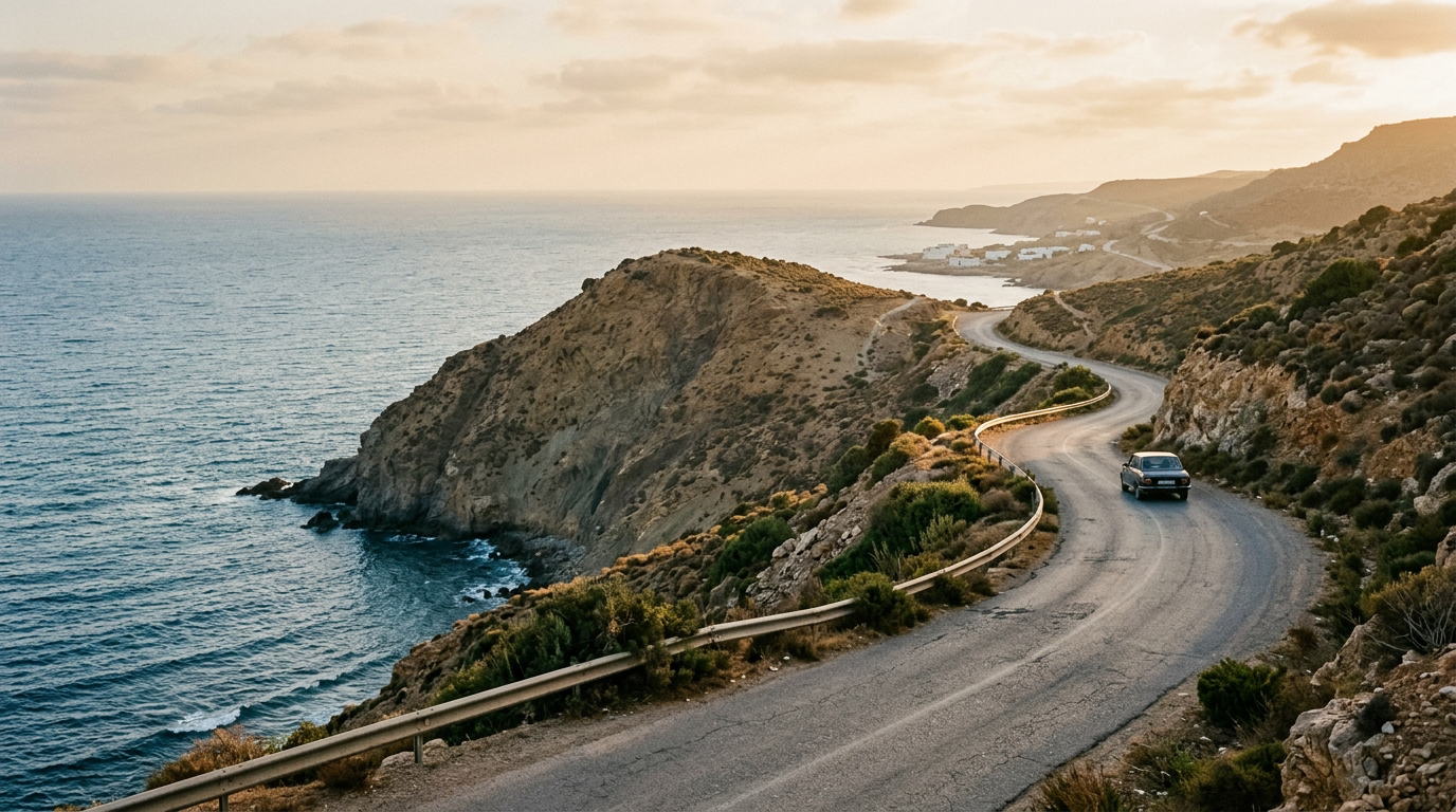 Route côtière sinueuse le long du littoral méditerranéen nord-africain à l'heure dorée