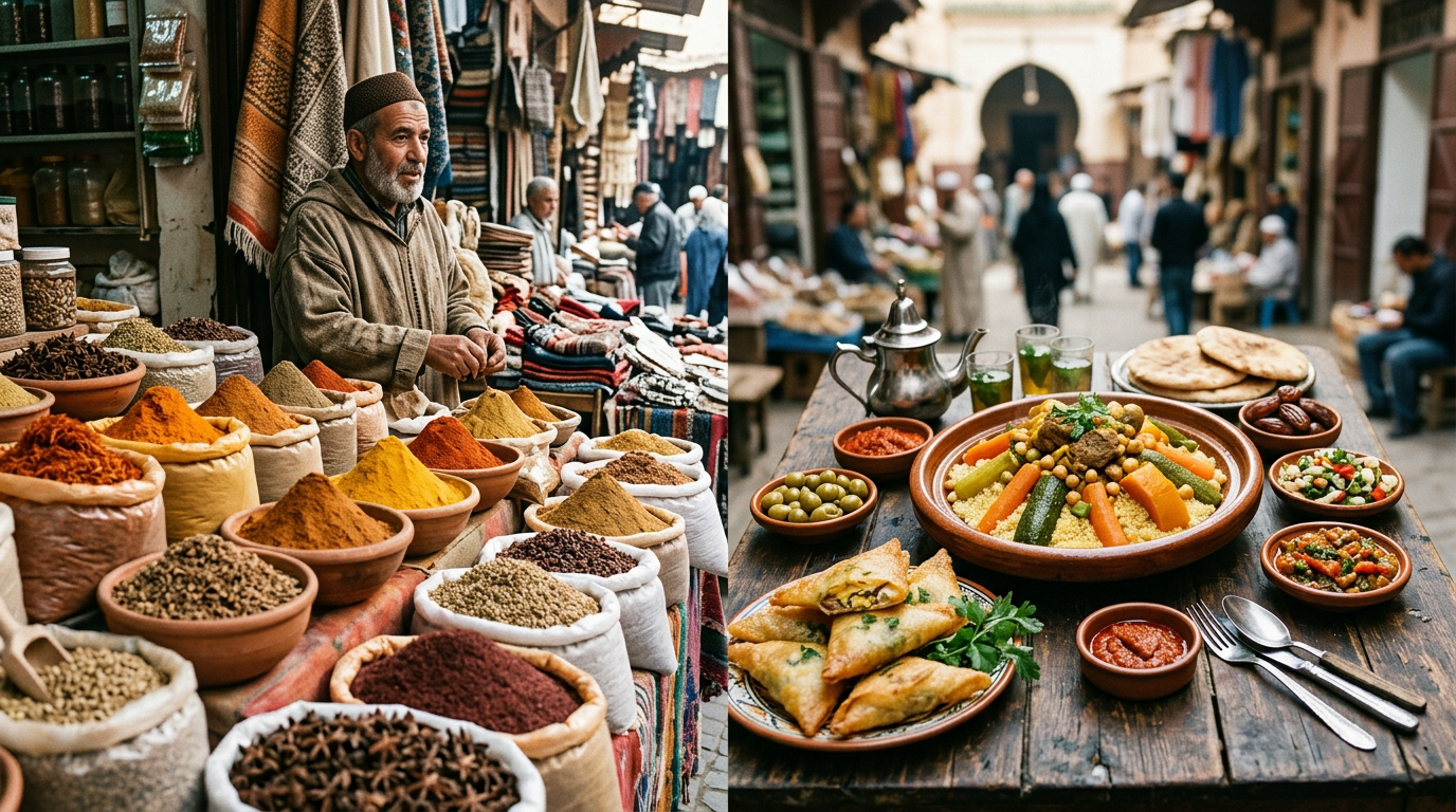 Étal de marché nord-africain d'épices et plats maghrébins, couscous et briks sur une table rustique