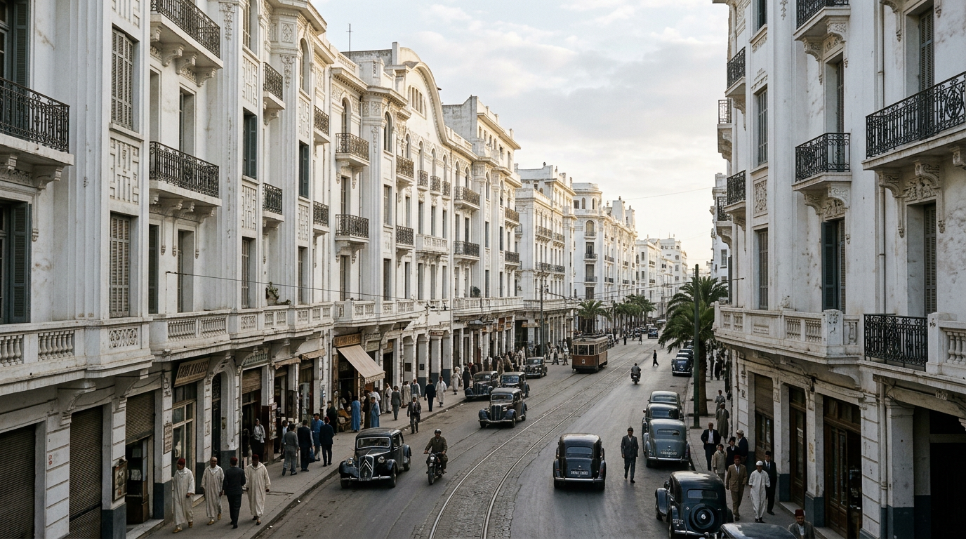 Rue de bâtiments Art déco blancs dans le centre de Casablanca, façades des années 1930 et balcons