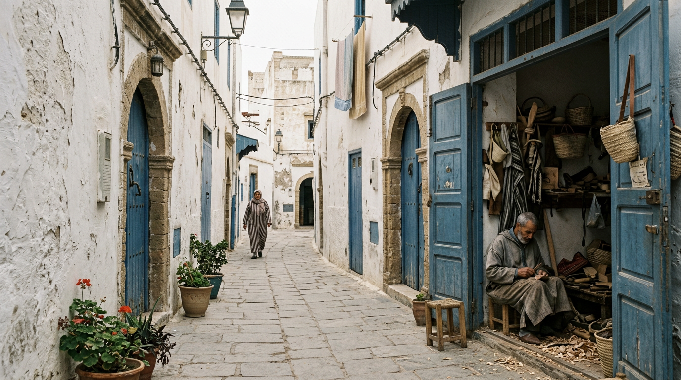 Ruelle blanchie de la médina d'Essaouira avec portes bleues et atelier d'artisan
