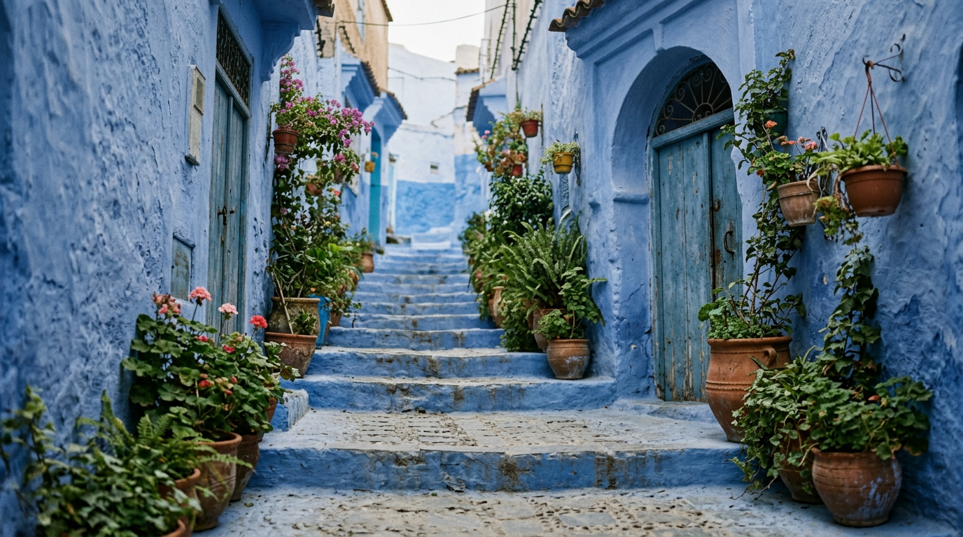 Escalier bleu bordé de plantes en pot dans la médina de Chefchaouen, murs indigo