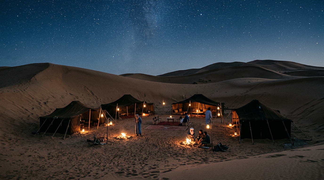 Bivouac de tentes traditionnelles parmi les dunes du Sahara au crépuscule près de Merzouga, ciel étoilé