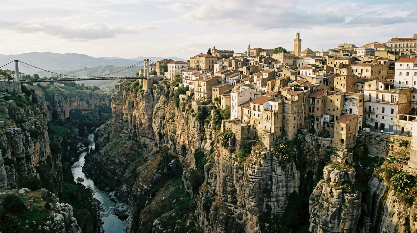 Vieille ville de Constantine, bâtiments ocre et blancs accrochés à la falaise au-dessus des gorges du Rhumel