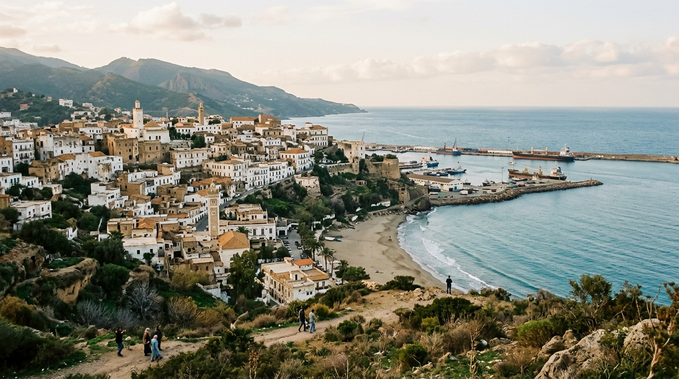 Baie et vieille ville de Bejaia vues des hauteurs, bâtiments blancs et ocre au-dessus d'une plage méditerranéenne