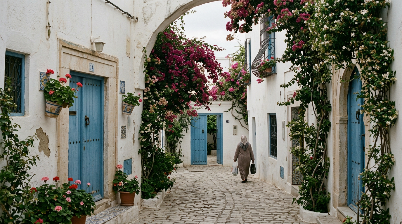 Rue blanchie de Hammamet avec portes bleues et bougainvilliers