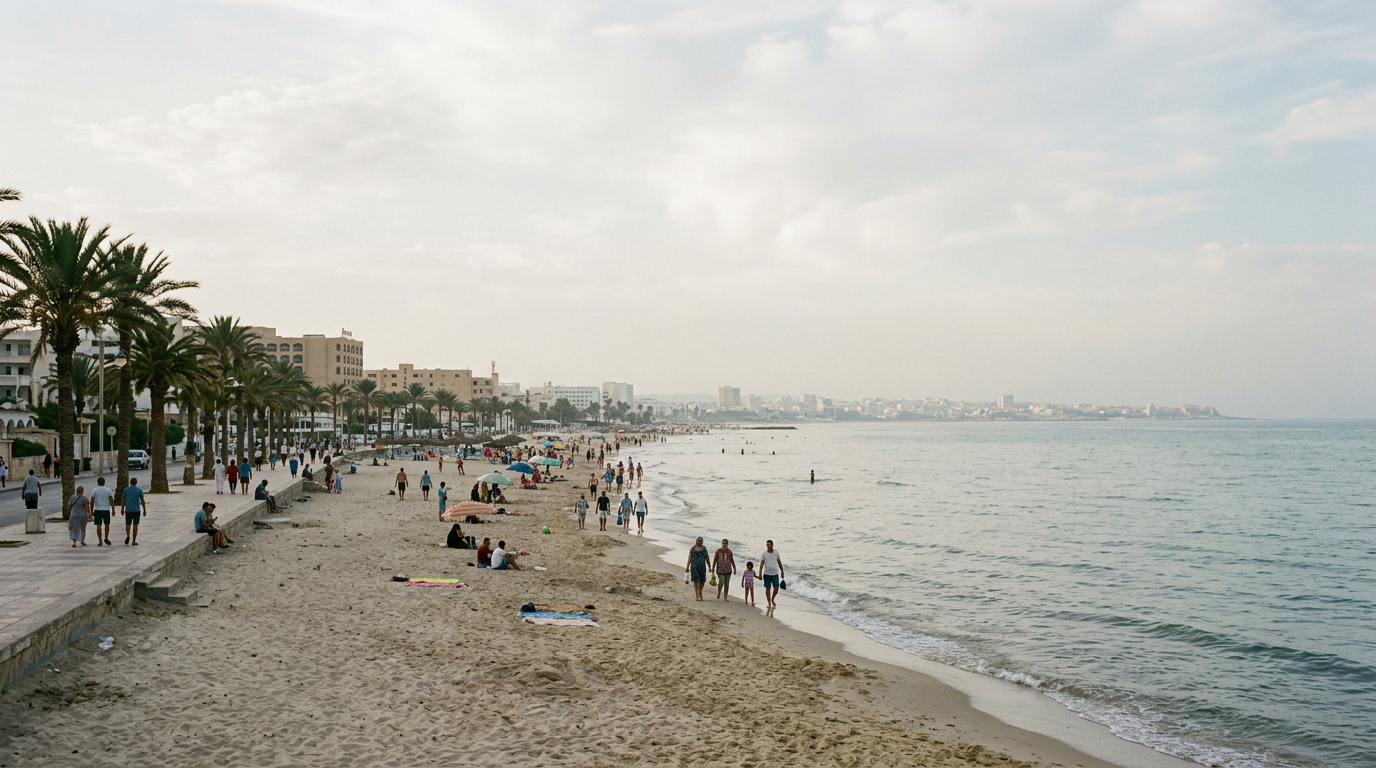 Front de mer et plage de Boujaffar à Sousse, Méditerranée calme, promenade et palmiers