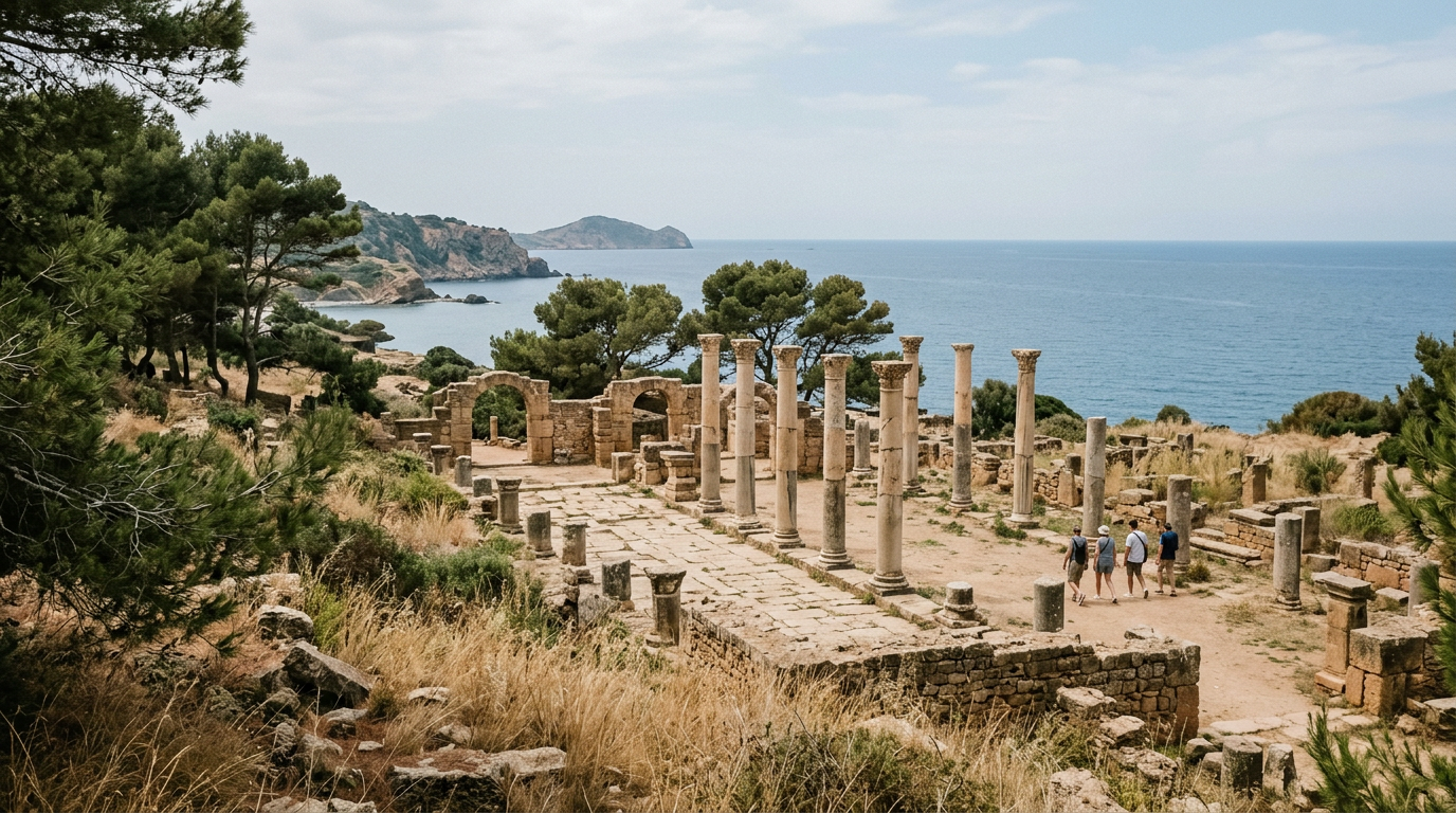 Colonnes et ruines romaines du parc archéologique de Tipaza, herbes sèches et pins, Méditerranée en arrière-plan
