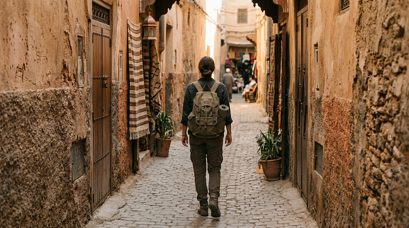 Voyageur solo avec sac à dos vu de dos, marchant dans une ruelle ensoleillée d'une médina marocaine