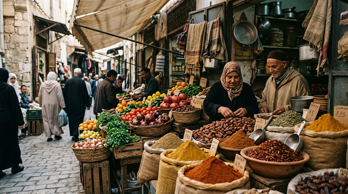 Étal de marché algérien avec épices colorées, dattes et produits frais, lumière naturelle chaude