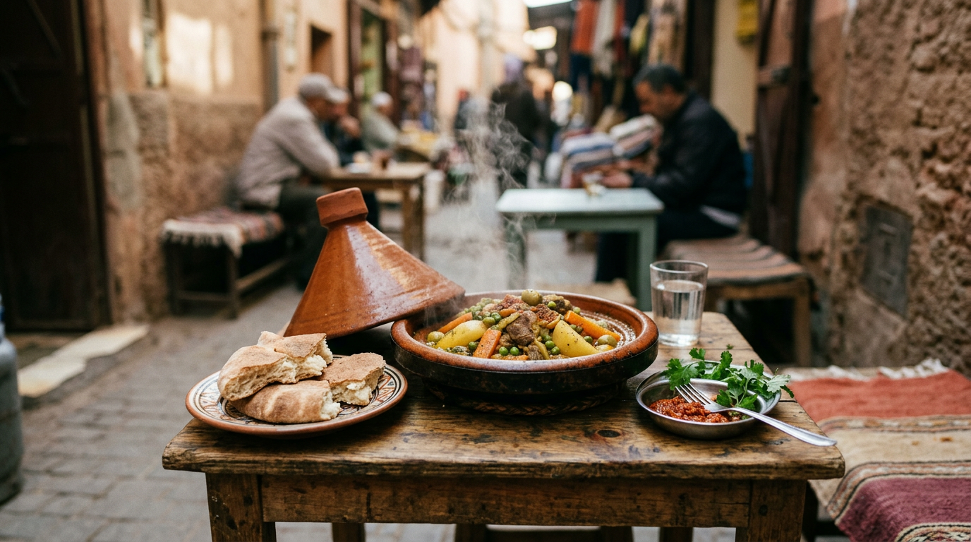 Repas de rue marocain simple, tajine fumant et pain sur une table modeste