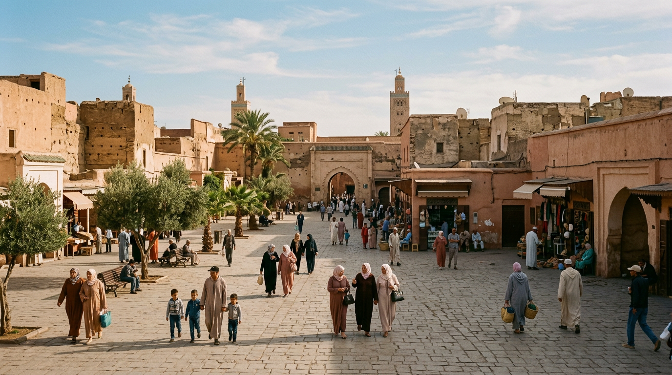 Place ensoleillée d'une médina nord-africaine avec des familles en promenade