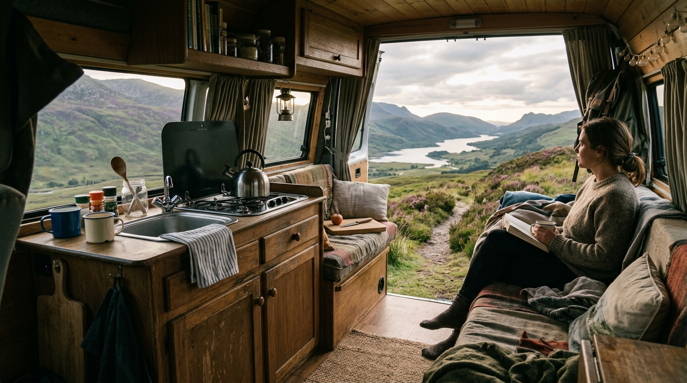Intérieur cosy d'un van aménagé avec petite cuisine et porte ouverte sur un paysage naturel