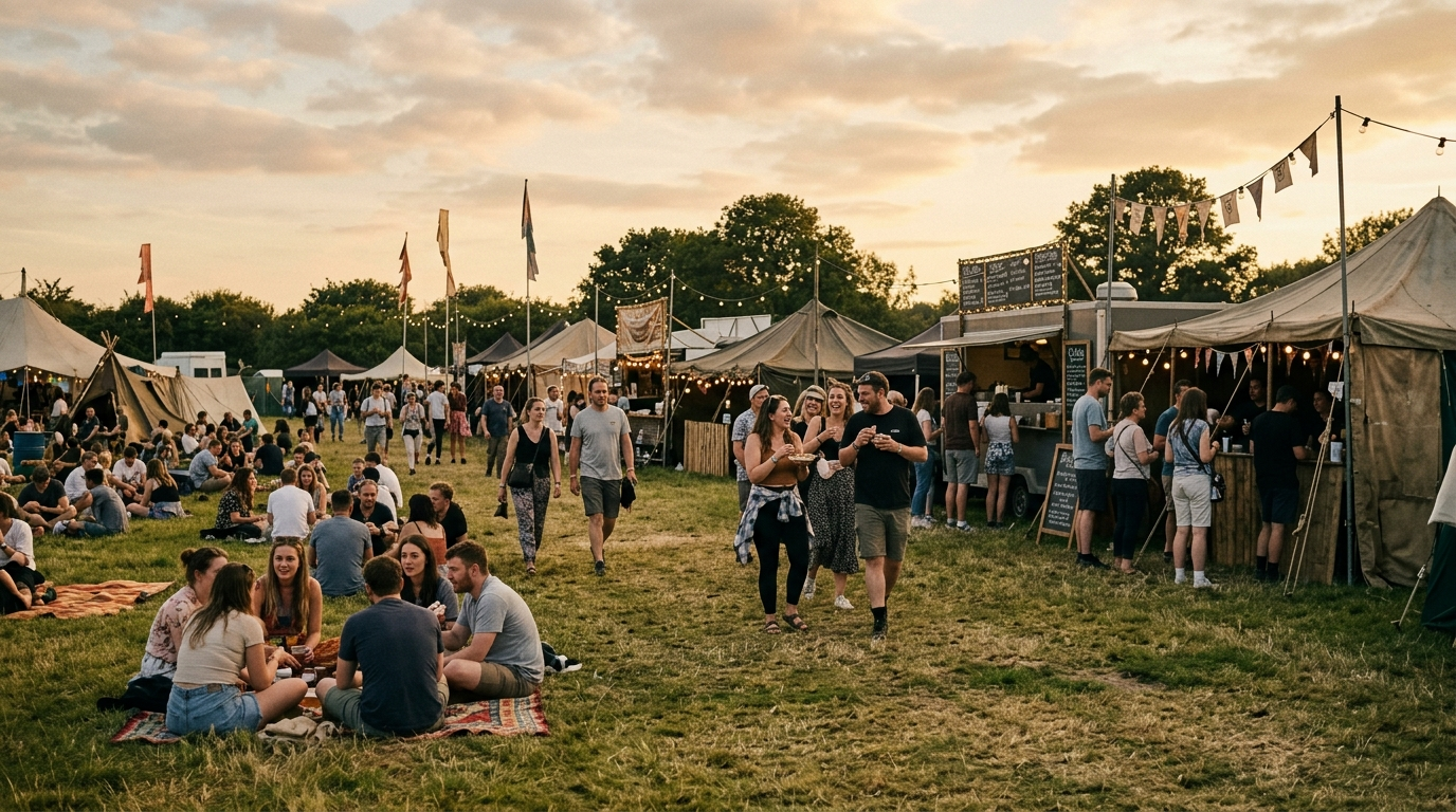 Site de festival à l'heure dorée avec stands de nourriture et public détendu sur l'herbe