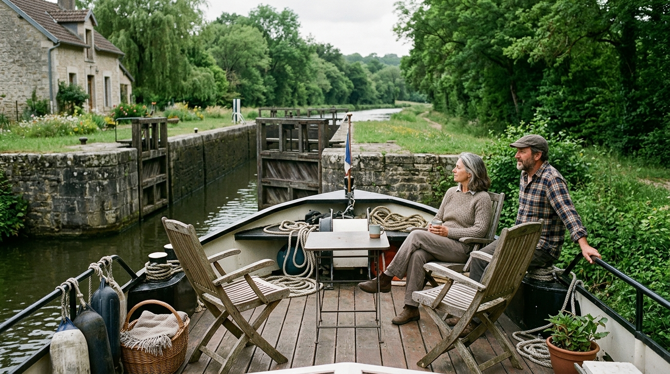 Pont d'un bateau de canal avec des chaises, passant une écluse et des berges vertes