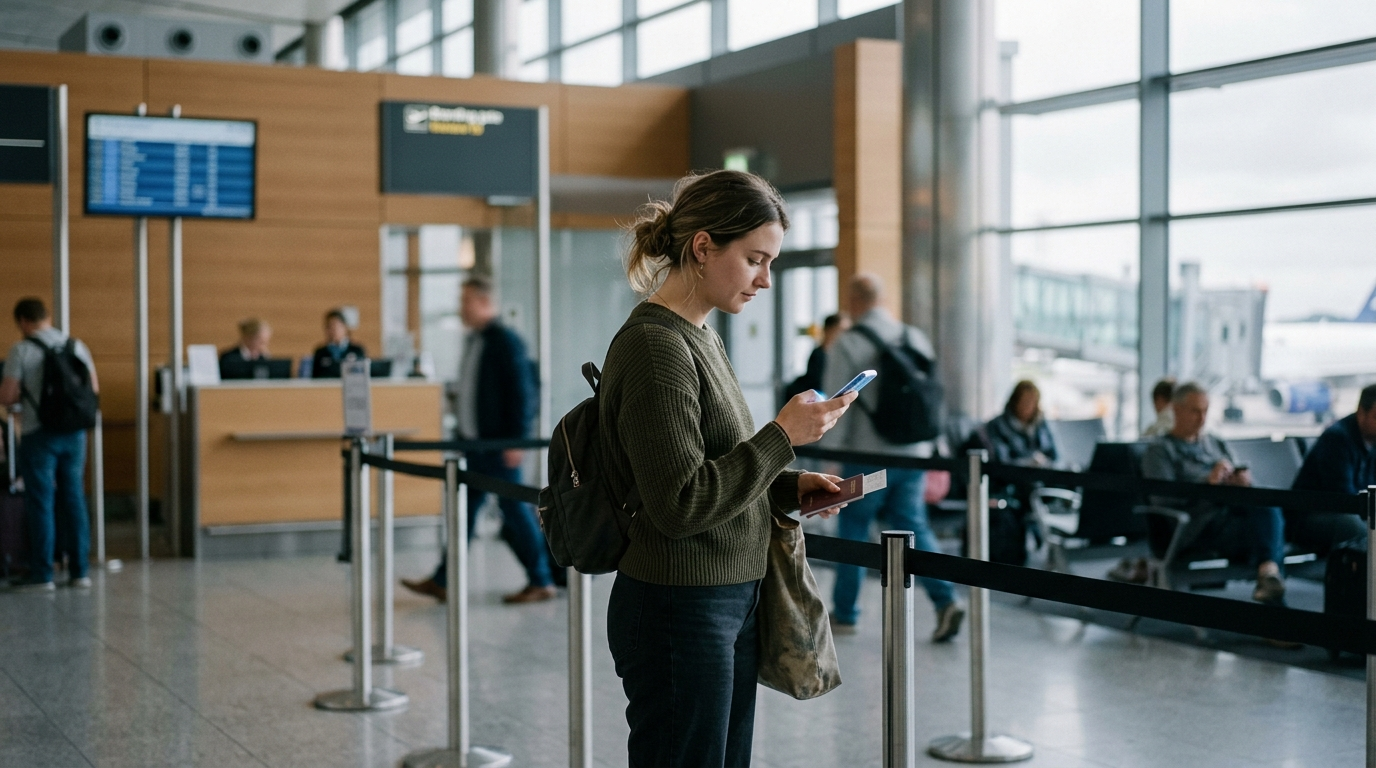 Voyageur tenant un smartphone à un poste de contrôle d'embarquement à l'aéroport