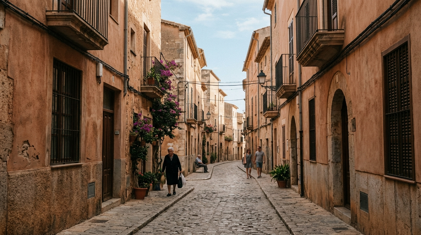 Rue tranquille de vieille ville dans une cité côtière espagnole, bâtiments en terre cuite