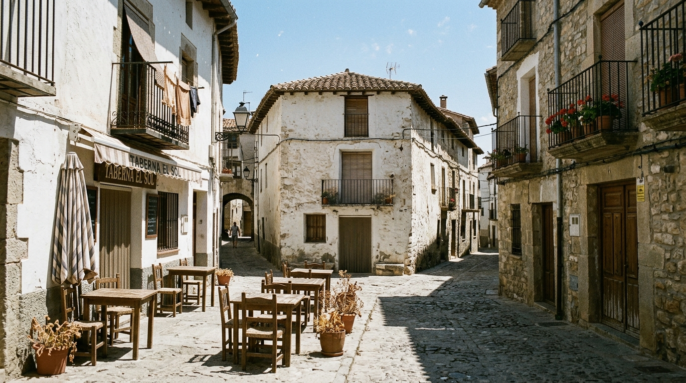 Terrasse déserte en pleine chaleur dans une ville espagnole, ombres marquées et air brûlant