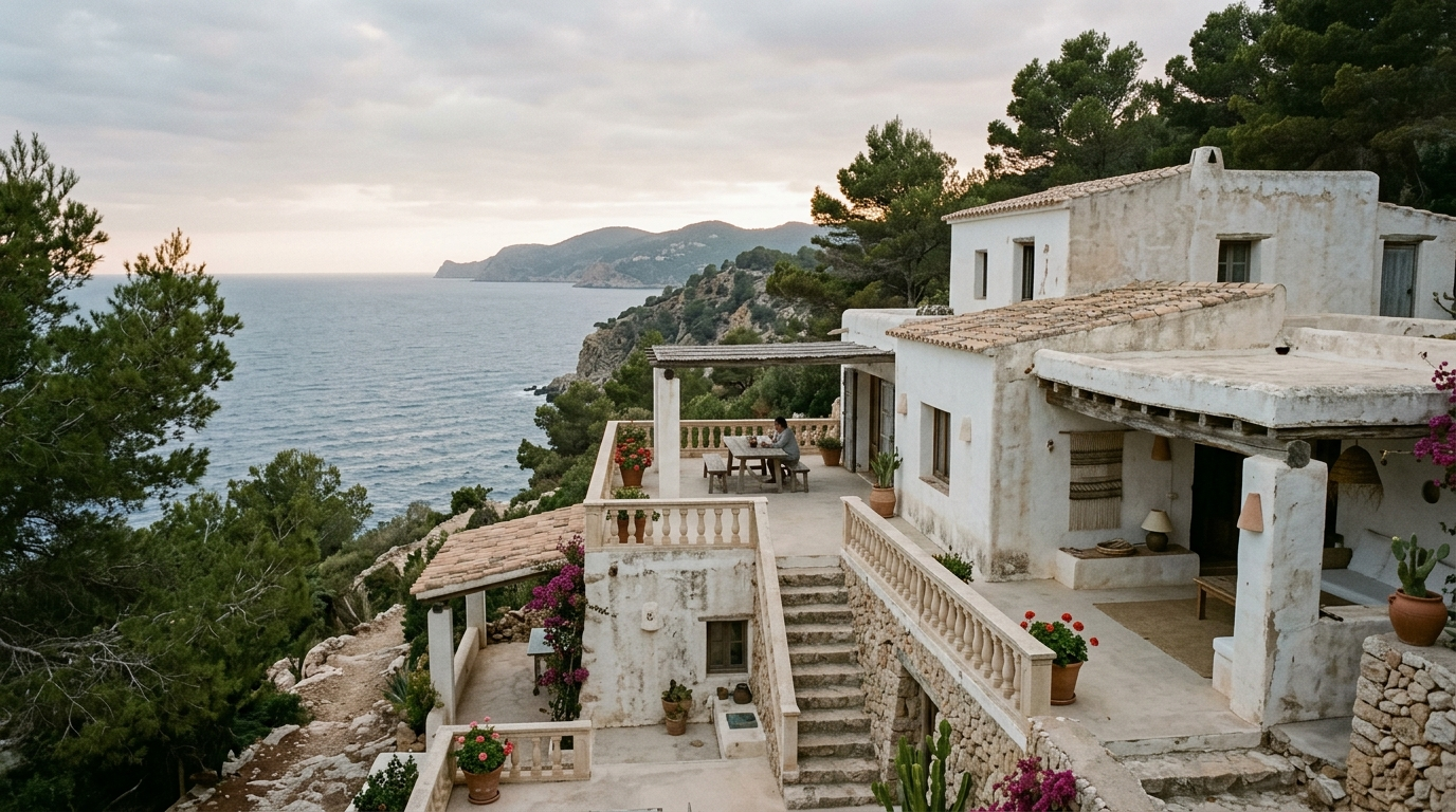 Villa blanche d'Ibiza avec terrasses surplombant la mer, entourée de pins