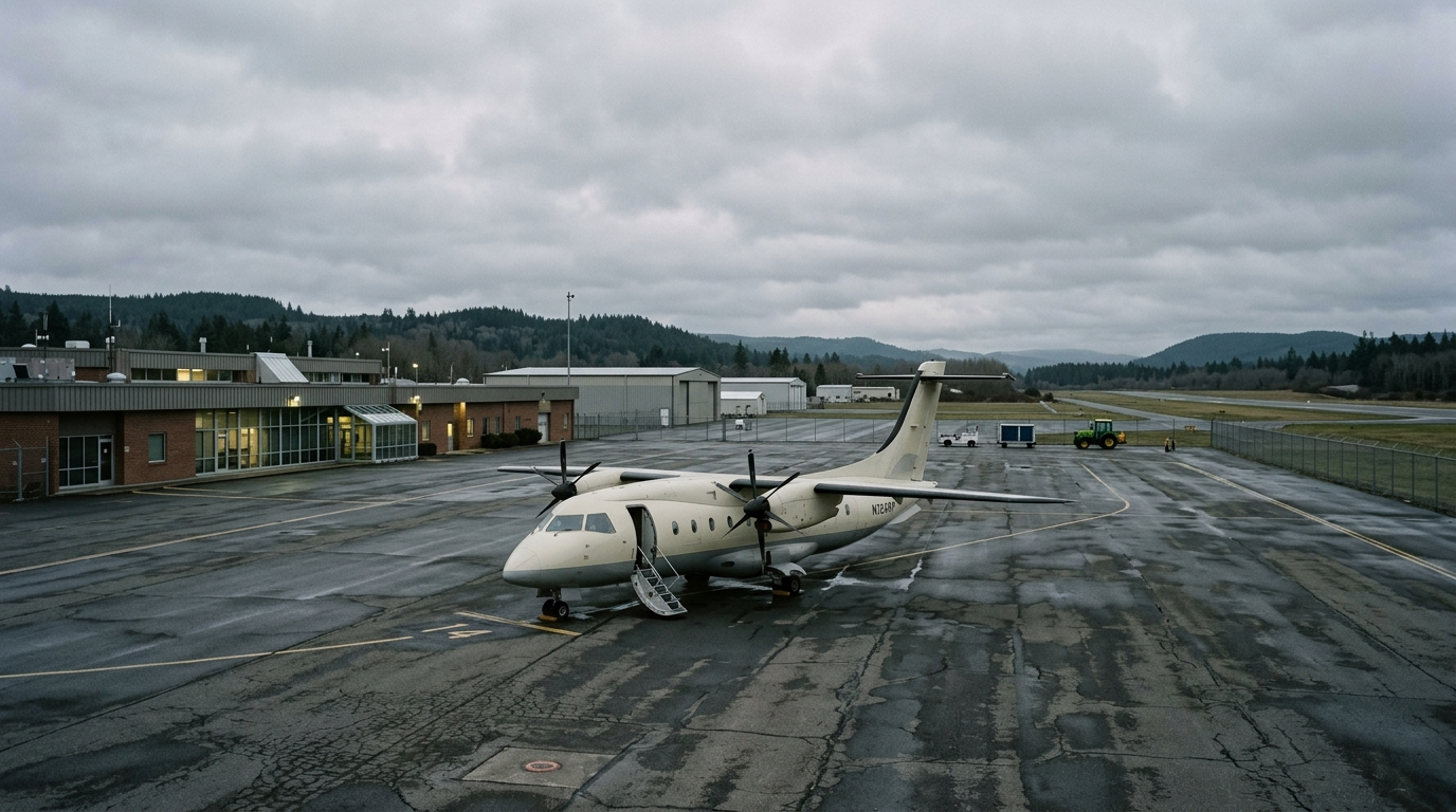 Petit avion régional stationné seul sur le tarmac d'un aéroport calme sous un ciel couvert